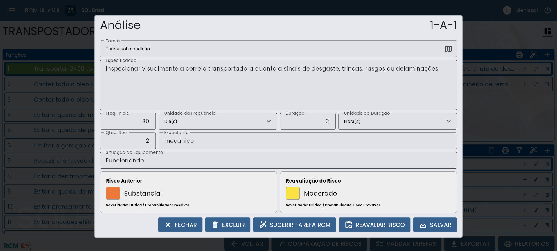 Tela do RCM-IA® mostrando a análise de uma tarefa de manutenção, com frequência, duração, situação do equipamento e comparação do risco antes e depois da ação recomendada