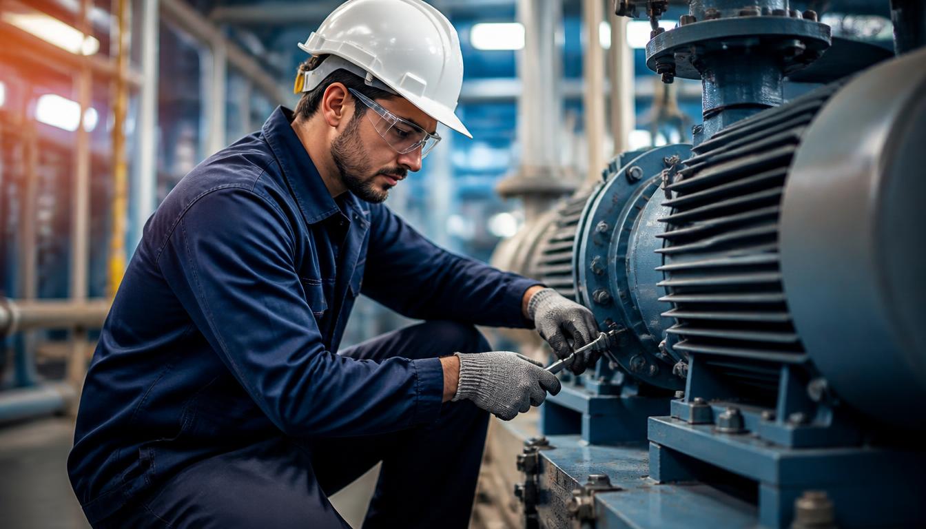 Técnico em manutenção industrial trabalhando em um motor elétrico