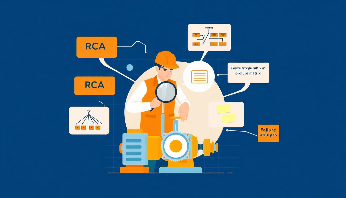 Engenheiro analisando falhas em equipamentos industriais com ferramentas de RCA e Ishikawa