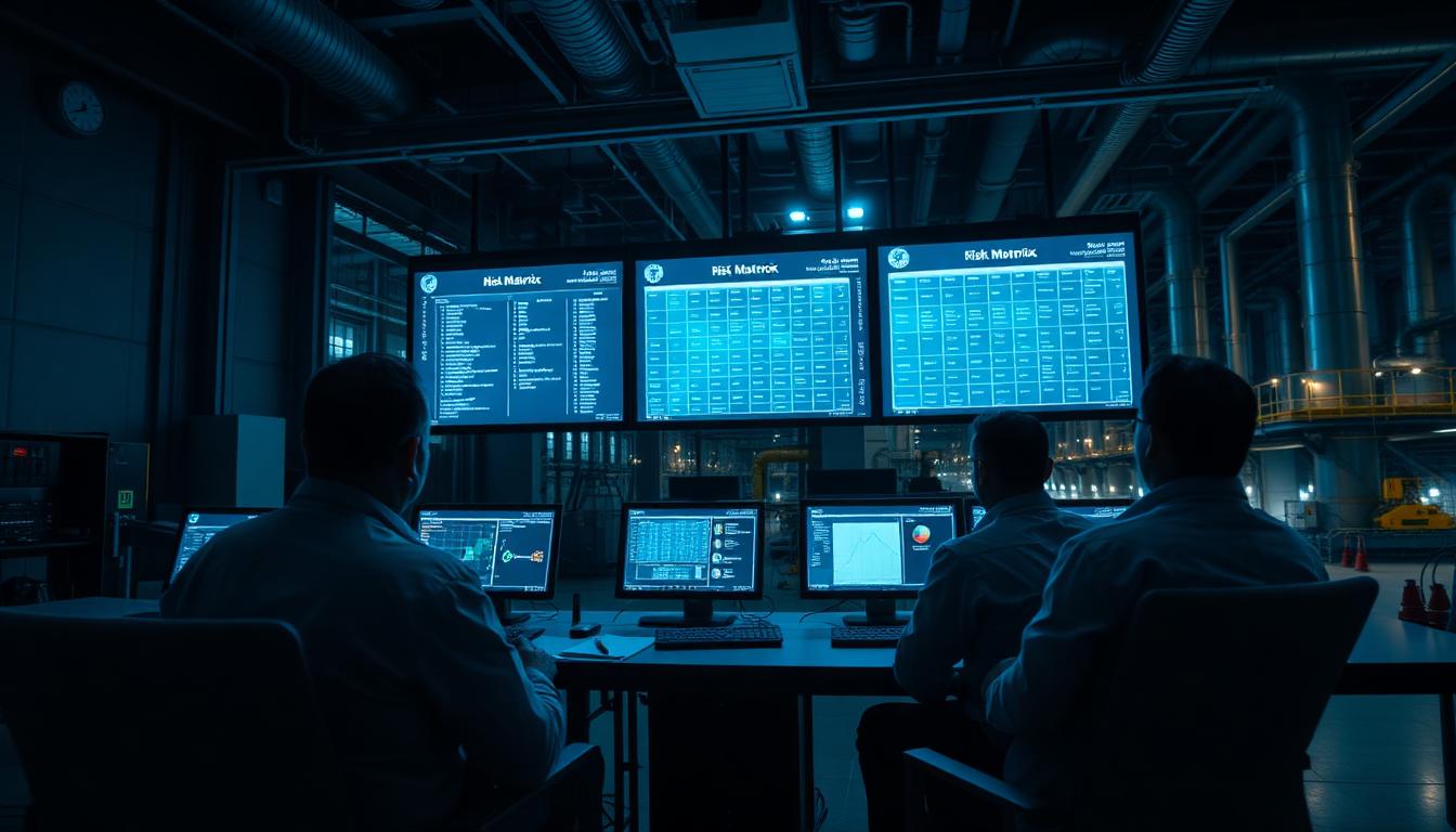 Profissionais analisando matriz de risco em sala de controle industrial