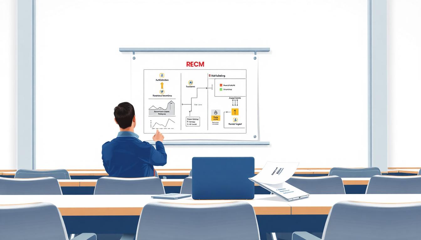 Sala de treinamento com diagrama de decisão RCM, planilha de análise de falhas e apostila de Manutenção Centrada em Confiabilidade
