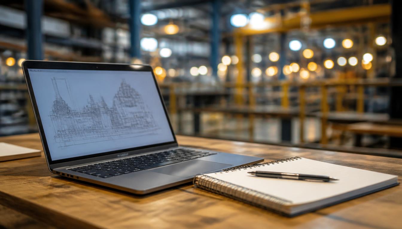 Notebook com estudo de RCM sobre mesa em ambiente industrial