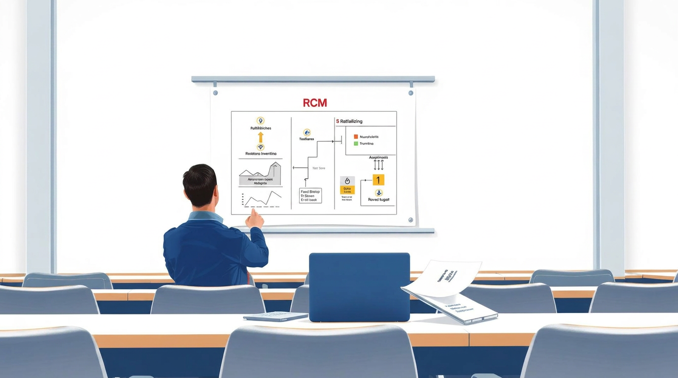 Sala de treinamento com diagrama de decisão RCM, planilha de análise de falhas e apostila de Manutenção Centrada em Confiabilidade