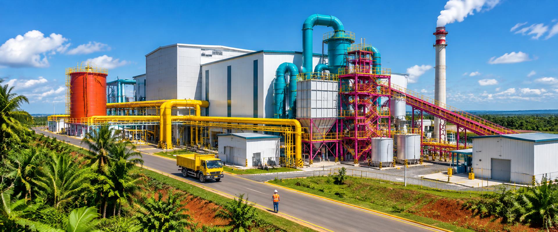 Fábrica industrial em dia ensolarado, com tubulações e estruturas coloridas