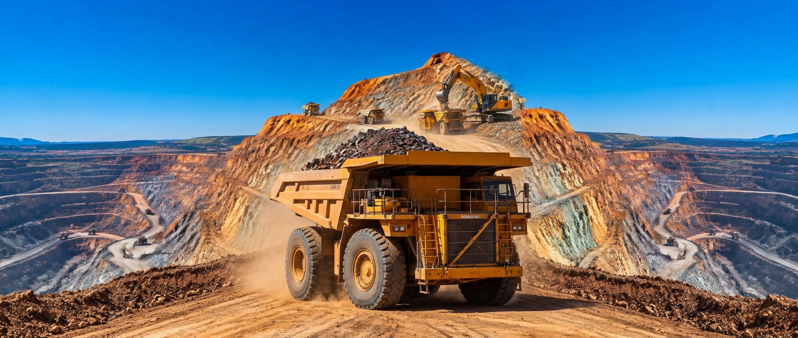 Mineração a céu aberto com caminhões amarelos