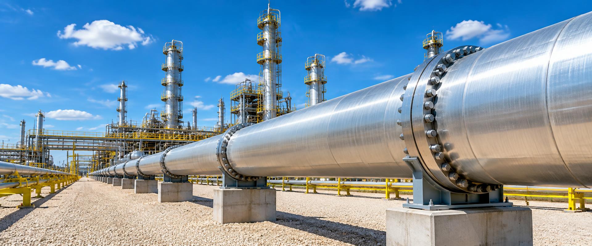 Gasoduto de aço em uma refinaria, com torres e tubulações ao fundo