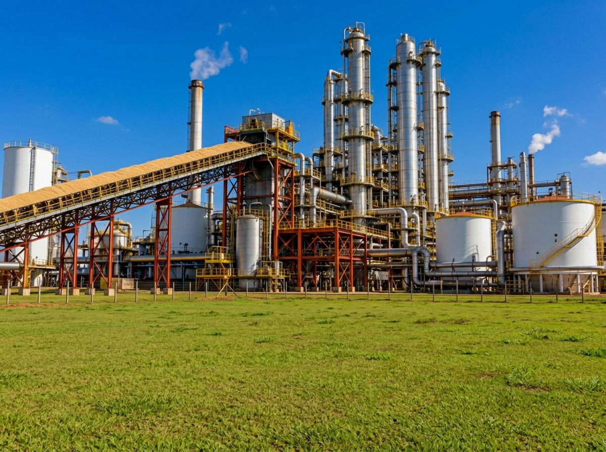 Usina de bioenergia com colunas de destilação, tanques e correia transportadora